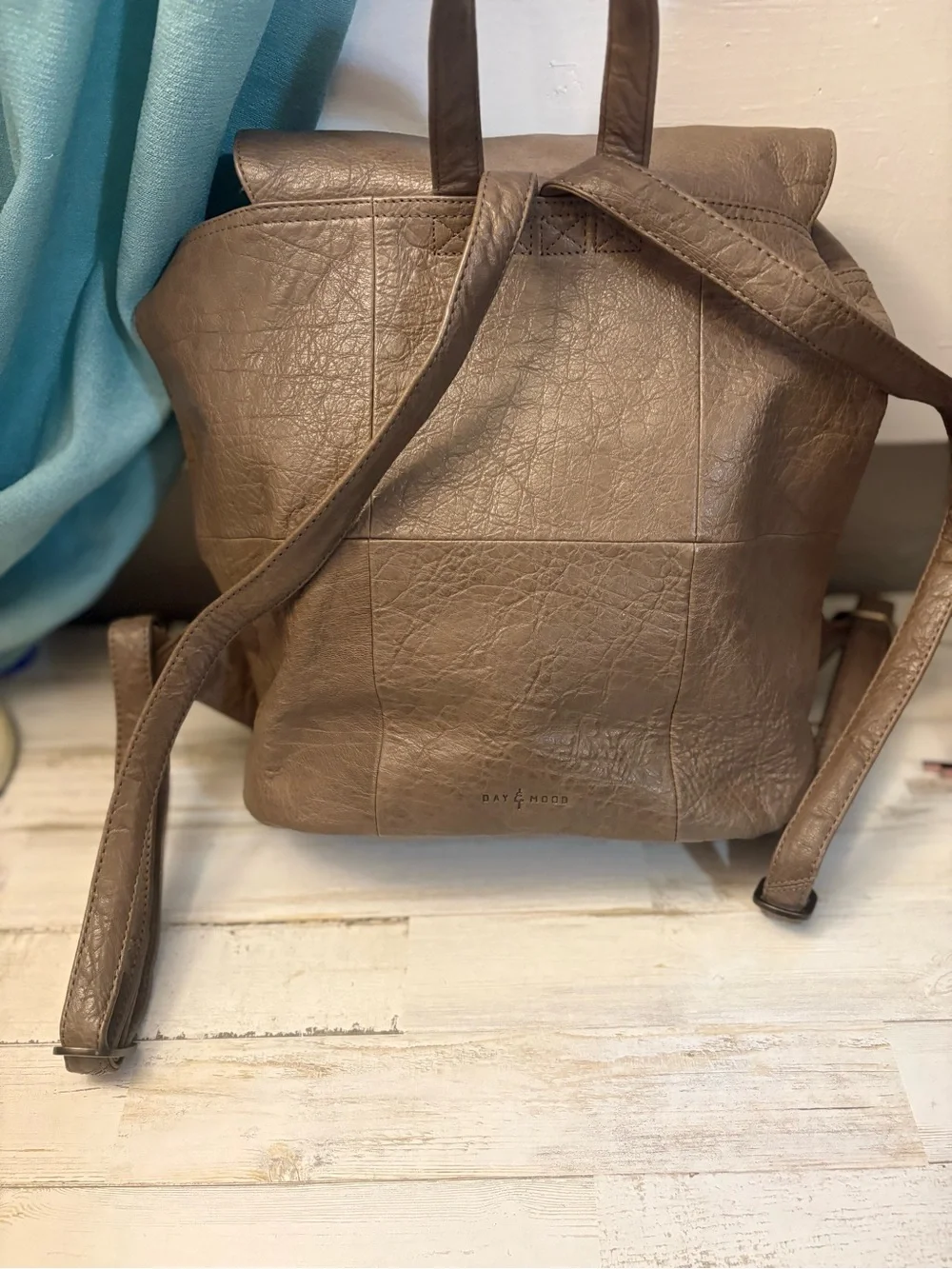 Day & Mood Taupe Leather Drawstring Backpack Hobo Bag Boho